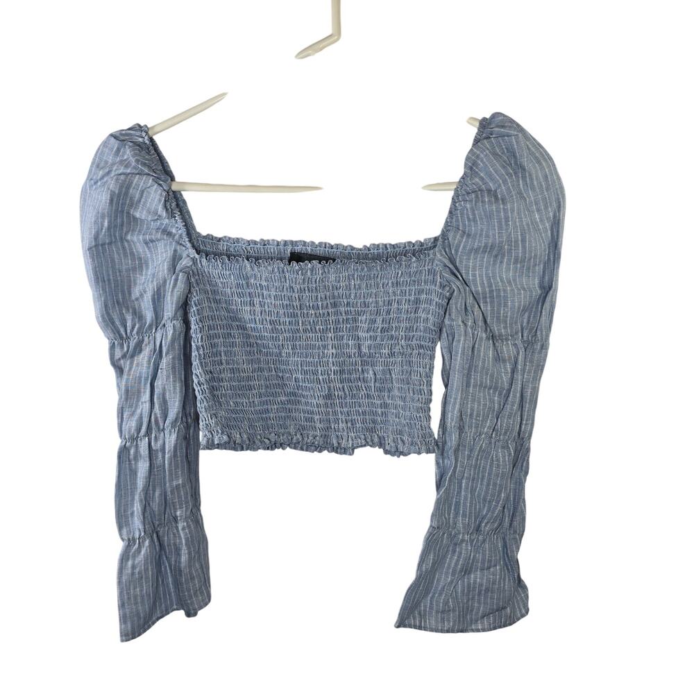 Reformation Maple Linen Blue Smocked Peasant Puff Sleeve Crop Blouse Size Large - Picture 2 of 8